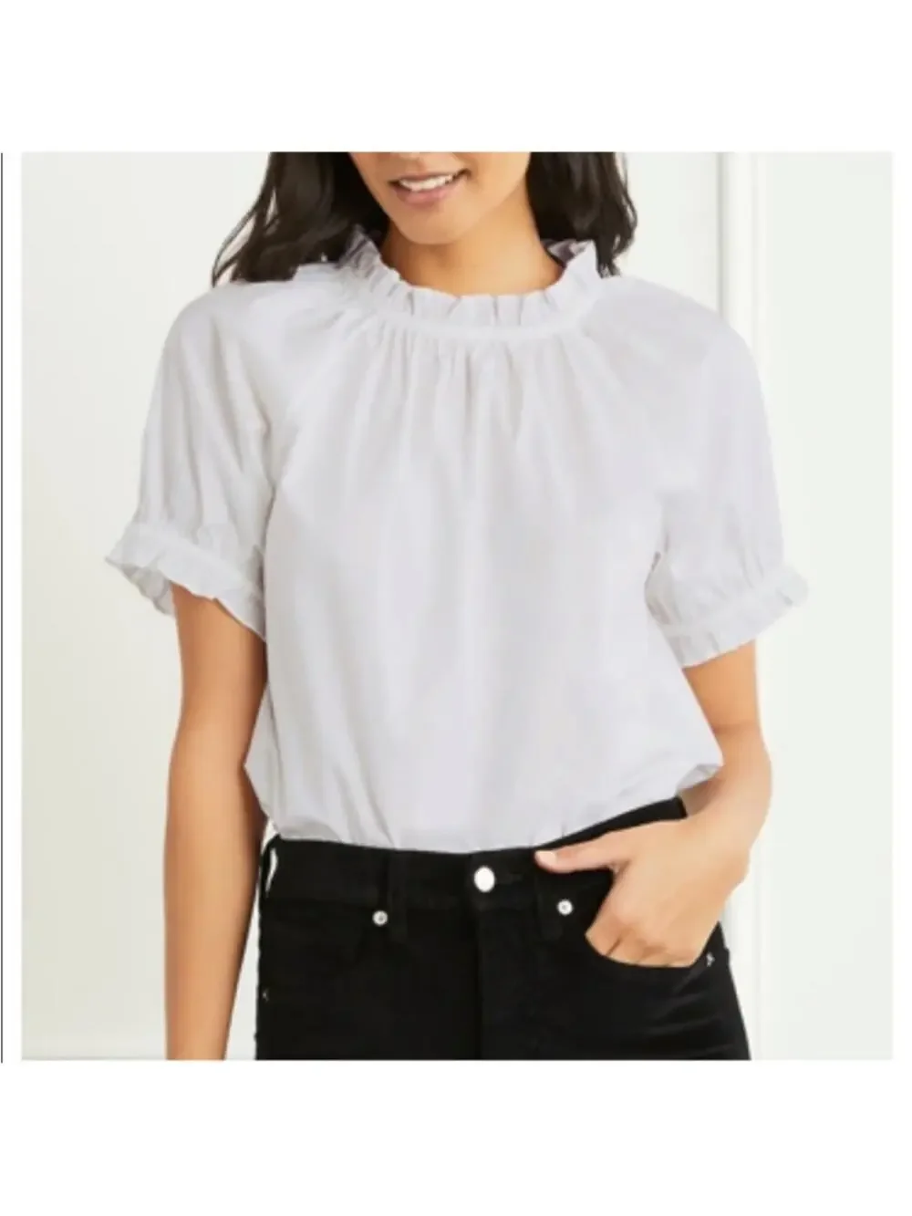 Hill House The Kit Ruffled Neck Short Sleeve Blouse White size medium